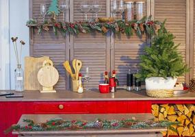 Part of the kitchen interior with Christmas decorations. photo