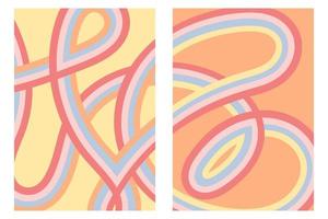 Abstract hippie rainbow posters. Sunny curved wavy lines, irregular scribbles. Vintage boho minimalist background. Wall decor, art print, banner template with color strips. Vector illustration.