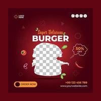 New editable Super Delicious Burger social media post template. Suitable for social media posts and web or internet ads. Vector illustration with Photo College.