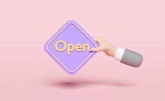 businessman hands holding purple label open isolated on pink background. concept 3d illustration or 3d render photo