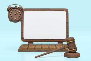 3d wooden laptop with blank computer screen, judge gavel, hammer auction, clock isolated on blue background. template, mockup concept, 3d render illustration, clipping path photo