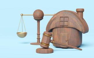 3d wooden judge gavel, hammer auction with stand, justice scales, wood house icon isolated on blue background. law, justice system symbol, auction house concept, 3d render illustration, clipping path photo