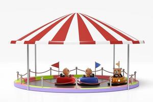 3d amusement park concept with electric bump car, teddy bear isolated on white background. 3d render illustration, clipping path photo