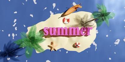 verano viaje con pelota, Coco palma árbol, estrella de mar, boya salvavidas, isla aislado en mar agua. resumen fondo, 3d ilustración o 3d hacer foto