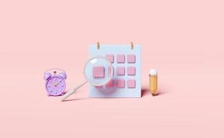 blue calendar with purple alarm clock wake-up time morning,  magnifying glass, pencil isolated on pink background. Find an appointment date concept, 3d illustration or 3d render photo