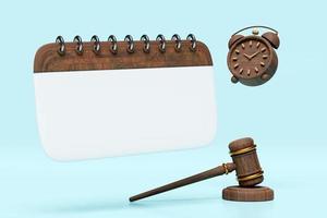 3d empty wooden calendar for marked date with judge gavel, hammer auction, clock isolated on blue background. schedule appointment, template, mockup concept, 3d render illustration, clipping path photo