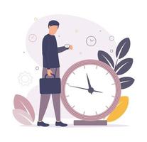 Time management. Illustration of a man holding a business briefcase in his hands, standing near a big clock with leaves on the background and looking at the time on his wristwatch. vector