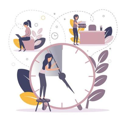 Time management. Illustration a woman stands on a stool near the big clock moves the arrows, a woman works at a laptop, a woman stands near the desktop and holds folders and paper