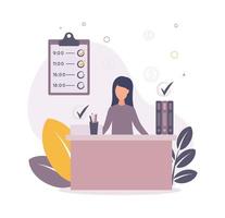 Time management. Illustration of a woman sitting at a table on which papers and folders, above them a check mark about a job, on a background a graph, plants, coins vector