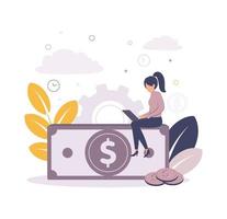 Time management. Illustration of a woman sitting on dollar bills with a laptop, on the background of gears, watches, coins, leaves, clouds. vector