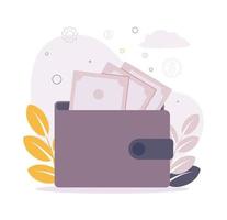 ilustración de un billetera con dólar facturas, en un antecedentes de monedas, engranajes, sucursales, hojas. imagen de un billetera con dinero en el antecedentes de monedas, engranajes, ramas vector