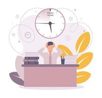 Time management illustration. Deadline. A man at the table clutching his head, on the table documents, papers, folders, on the background of a clock, coins, a branch with leaves vector