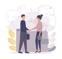 Time management. Make a deal. Illustration woman and man shake hands, on the background a wallet with banknotes, coins, gears, leaves, branches. vector