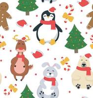 Seamless pattern. Christmas illustration with fir tree, deer, penguin, bunny, polar bear, caramel and gingerbread man. Illustration with New Year characters. Vector illustration.