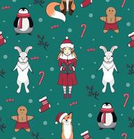 Seamless pattern with elf, fox, hare and penguin. Christmas cookies. New Year's and Christmas. vector