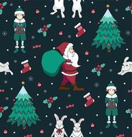 Seamless pattern with Christmas tree, Santa Claus, elf and sock for gifts. New Year's and Christmas vector