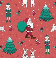 Seamless pattern with Christmas tree, Santa Claus, elf and sock for gifts. New Year's and Christmas vector