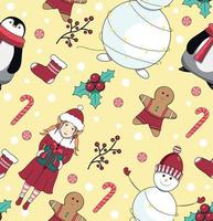 Seamless pattern with snowman, penguin, elf, man cookies, lollipop and sock for gifts. New Year and Christmas. vector