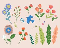 Cute doodle style flower collection with foliage, butterfly and blue bird. Suitable for spring and wedding decoration. vector