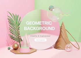 3d creative pastel background design. Composition of circle mirror with cone shapes, sphere and palm leaf in the corner. vector