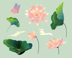 Oriental vintage drawings of lotus flowers and leaves. Botanical elements isolated on light green background. vector