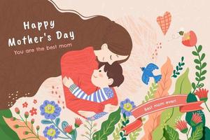 Mother's Day illustration in warm hand drawn style. Woman is hugging her son among colorful abundant flowers. vector