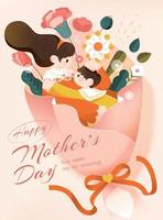 Cute and warm Mother's Day illustration. Mother is hugging her child in a large flower bouquet. Concept of motherhood. vector