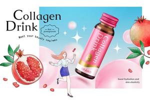 Creative supplement product template with 3d collagen drink bottle mock-up bouncing on pink balls with women and pomegranate watercolor drawings. vector