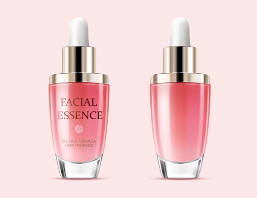 3D facial essence mockups of pink glass bottles with white bulb caps isolated on light pink background