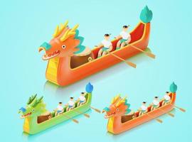 3 groups of people are having dragon boat racing competition. 3d isometric Duanwu Festival elements isolated on aqua blue background. vector