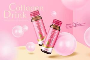 3d minimal supplement product ad template with collagen drink bottle mock-ups bouncing around pink balls in a studio room. vector