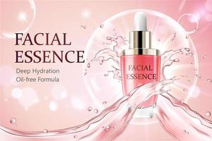 Rose facial essence ad template. 3D dropper bottle in big white bubble with two liquid splashing across on shiny pink background vector