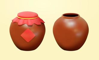 3D Brown ceramic wine jars viewed from the front, one with label and cover and the other one without. Chinese antique elements for Duanwu Festival isolated on yellow background vector