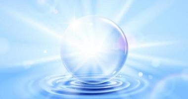 3D Big bubble floating on water ripples with white radial lighting on blue background vector
