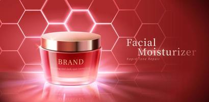 3d anti-aging cosmetic product template with light effect. Facial moisturizer cream jar is displayed in front of geometric hexagon background. vector