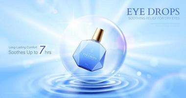 Eye drop banner ad. 3D Illustration of an eye drop bottle circled in the bubble floating on blue ripple surface. Suitable for products that protect and moisturize eyes vector