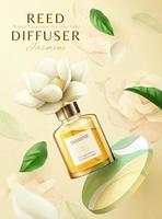3d fragrance reed diffuser ad template. Glass bottle mockup flying in the mid air with jasmine flower drawings and colorful marble disk in the background. vector