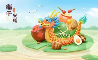 3D Dragon Boat Festival banner. Cute cartoon dragon boat with festive elements on a giant round lotus leaf on a pond. Translation, Happy Duanwu holiday vector