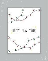 New Year's, Christmas postcard. Festive garland around the letters Happy New Year, on the background of a snowflake, doodle. Vector illustration