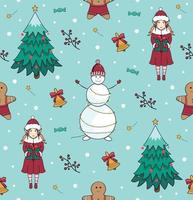 Seamless pattern with Christmas tree, snowman, elf and bell. New Year's and Christmas vector