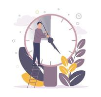 Time management. Illustration of a man standing on the stairs near the big clock and moves the arrows, on the background of leaves, circles, watches vector