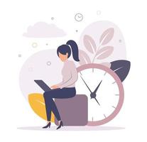 Time management. Illustration of a woman working on a laptop near the big clock, on the background of leaves, watches, clouds, circles. Image of a girl sitting with a laptop near the big clock vector