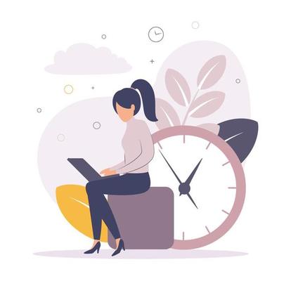 Time management. Illustration of a woman working on a laptop near the big clock, on the background of leaves, watches, clouds, circles. Image of a girl sitting with a laptop near the big clock