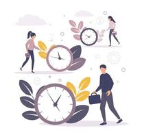 Time management. Illustration of a woman with bags in her hands and a man with a business briefcase running near the big clock with a dial and branches on the background. vector