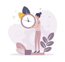 hora gestión. ilustración de un mujer participación un reloj en su manos con un marcar, en el antecedentes un engranaje, reloj de arena, hojas, rama vector