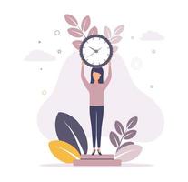 Time management. Illustration of a woman holding a watch with a dial in her hands above her head, on the background of leaves, clouds, stars, gear vector