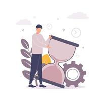 Time management illustration. Illustration of a man holding a big hourglass, next to a gear and branches with leaves, on a background of clocks and clouds. vector