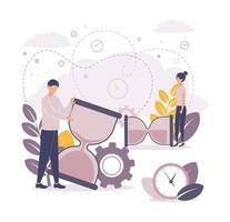 Time management illustration. Illustration of a man holding a large hourglass, a woman standing next to a lying hourglass, gears next to them, a clock with a dial, branches with leaves, dotted lines. vector