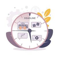 Time management illustration. Illustration of lack of time. Illustration deadline. Illustration with a clock, dice, a dream icon, a video icon, a keyboard vector