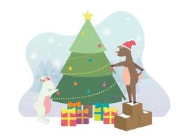 New Year. Christmas. A deer and a hare in New Year's hats are decorating the Christmas tree with toys, near them are gift boxes. Vector illustration.